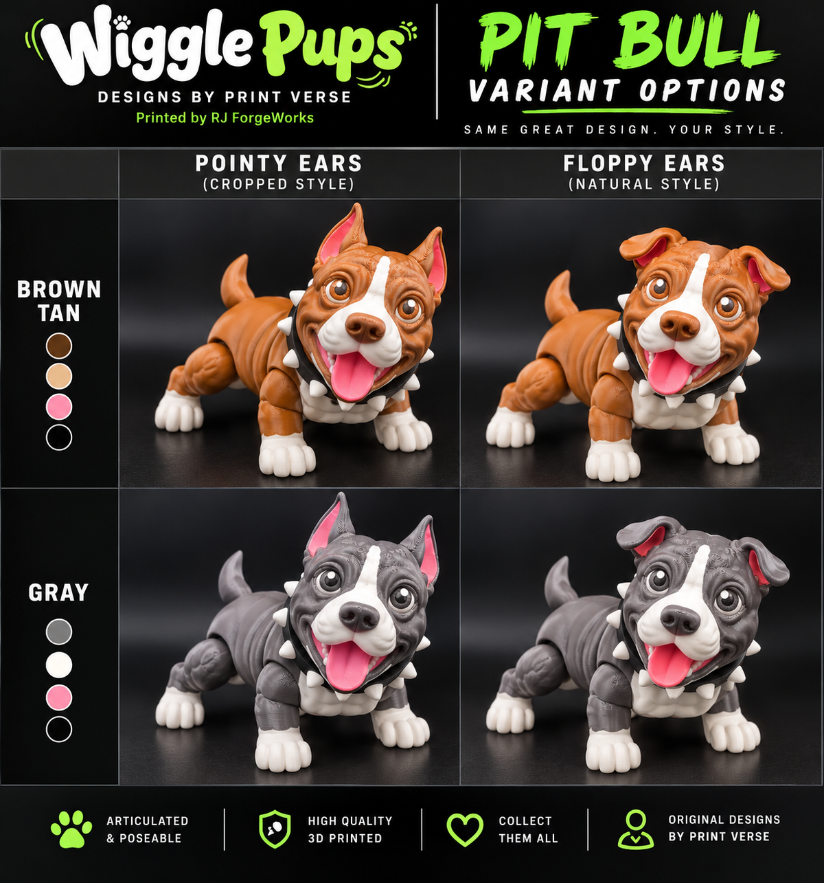 Wiggle Pups Pit Bull variant options: pointy or floppy ears, brown/tan or gray