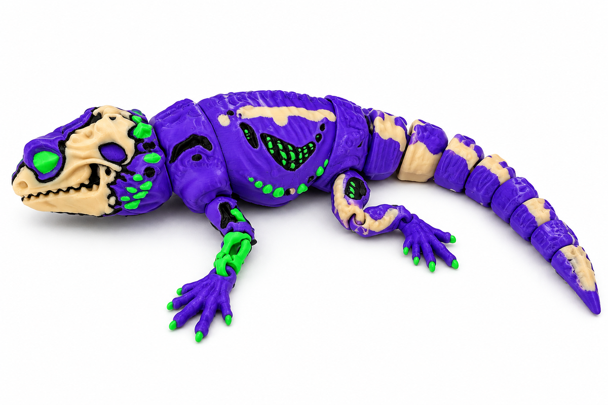 Profile view of ZomBeardie with skeletal details